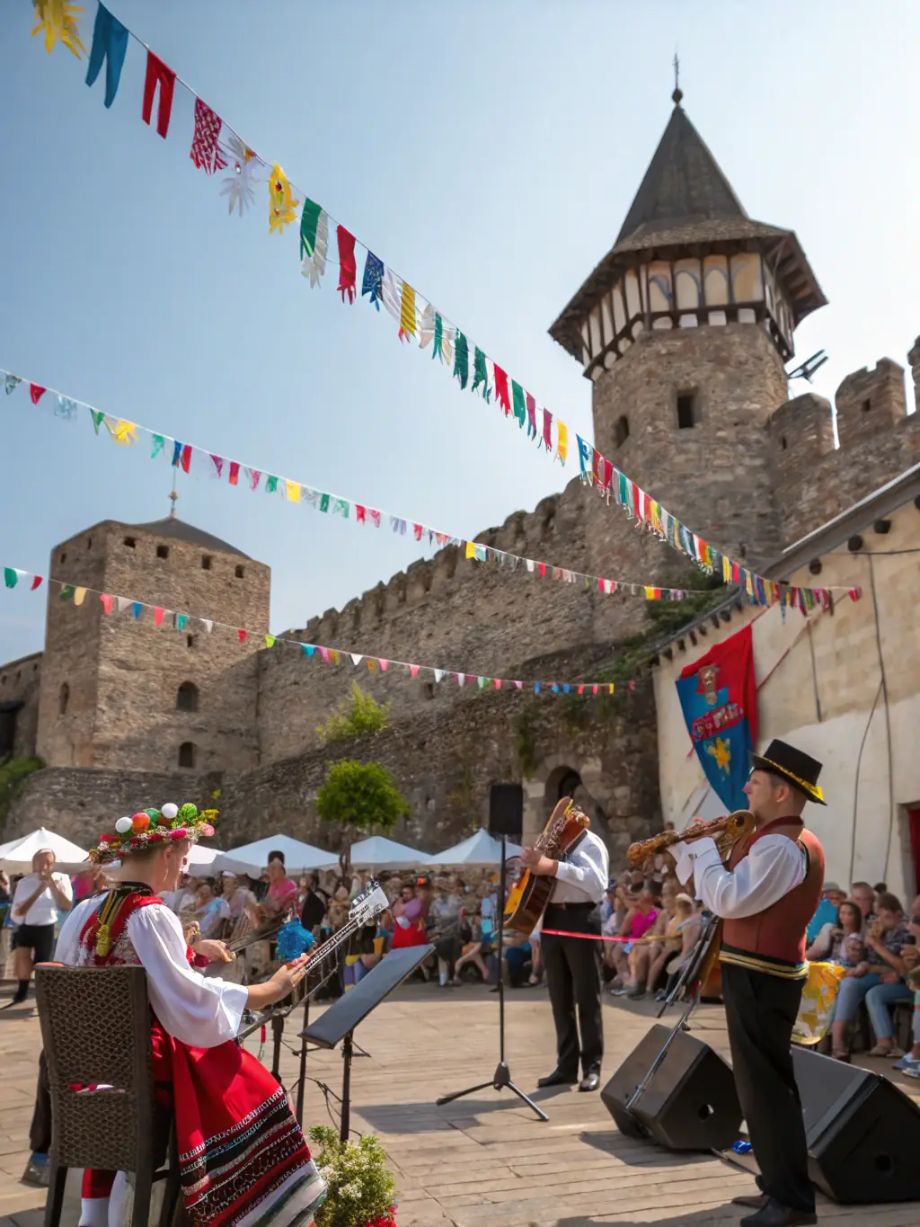 A photograph of a cultural event held in the Chateau's courtyard, featuring local musicians and artists, celebrating the region's rich cultural heritage.
