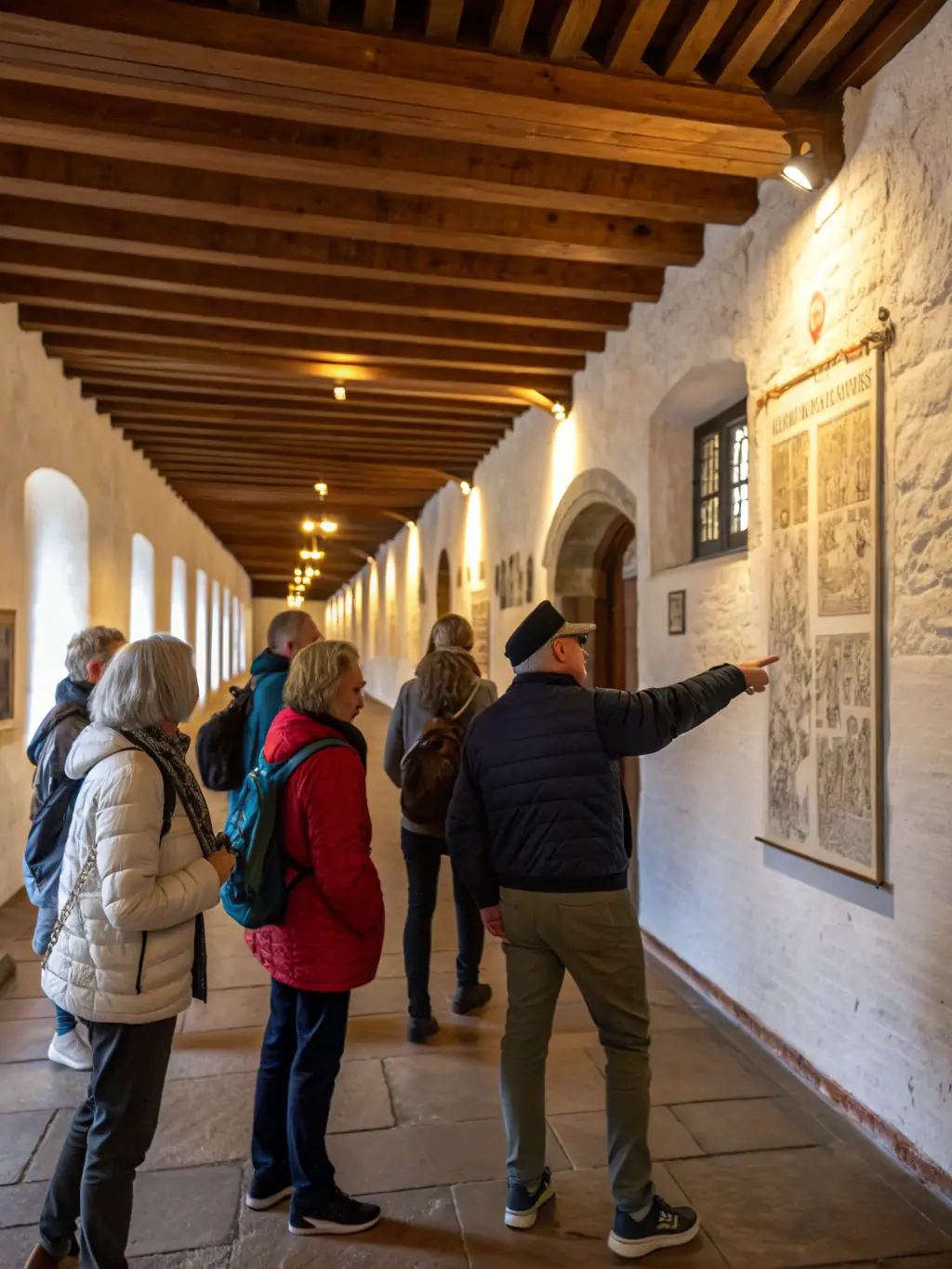 A photograph of a guided tour group exploring the Château de la Vigne, with a knowledgeable guide sharing historical insights and anecdotes about the castle's past.