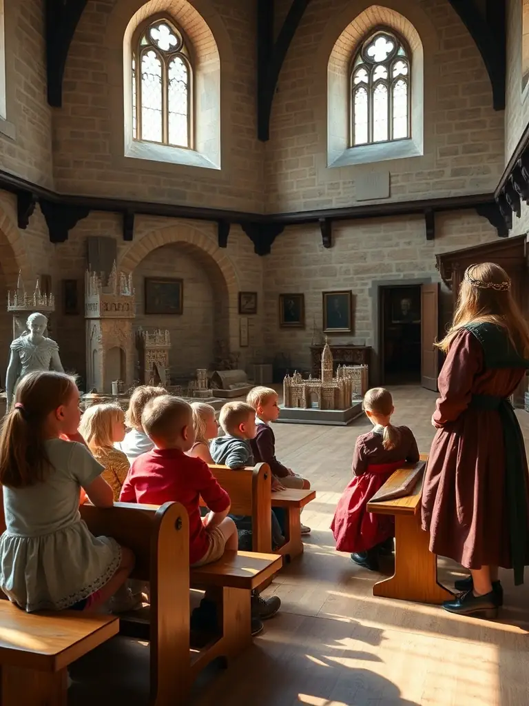 An image depicting children participating in an educational program at the Château de la Vigne, learning about the history and significance of the castle.
