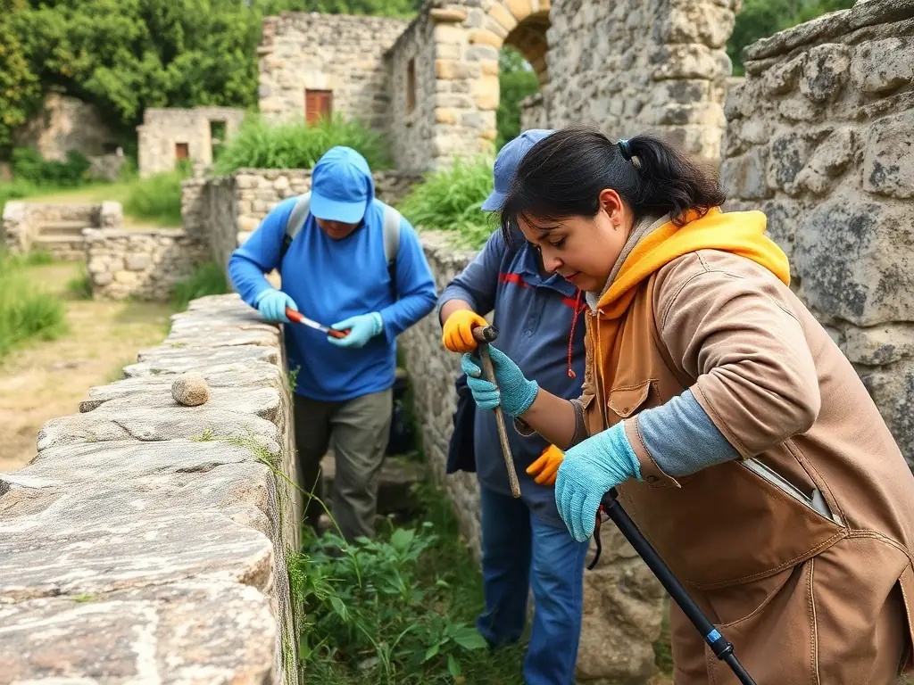 A group of volunteers working on restoring a section of the Château de la Vigne's stone wall, showcasing the meticulous work and dedication involved in preserving the historical structure.