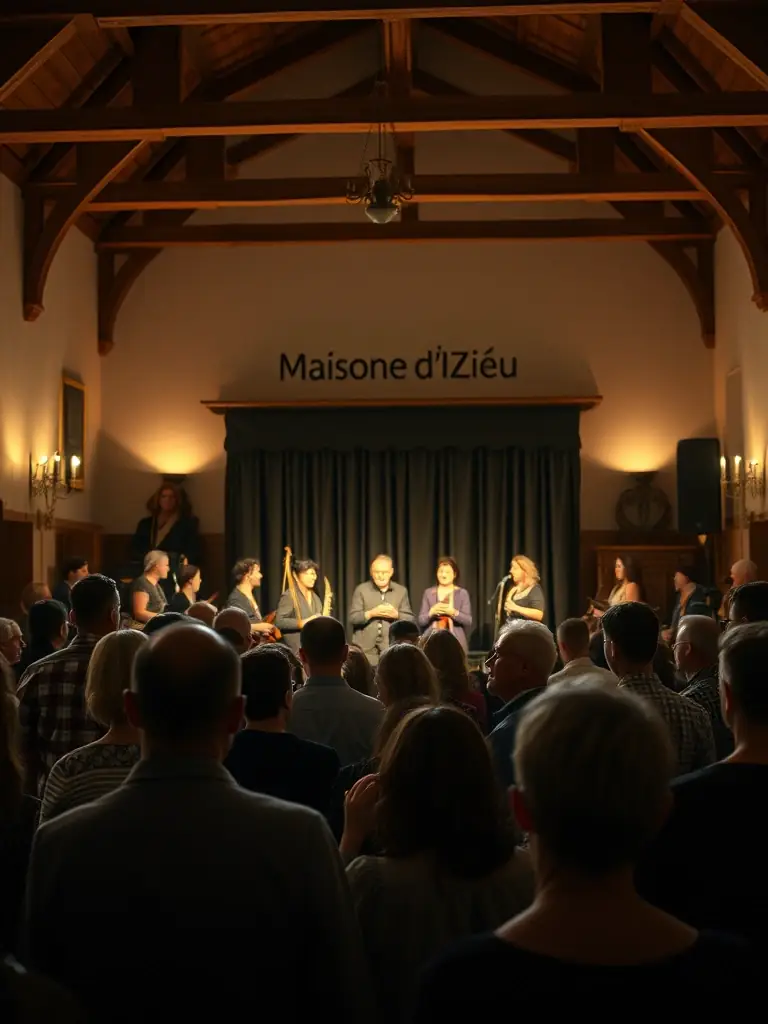 A photograph showcasing a cultural event held at the Château de la Vigne, with people enjoying music, dance, or theatrical performances in the castle's courtyard.