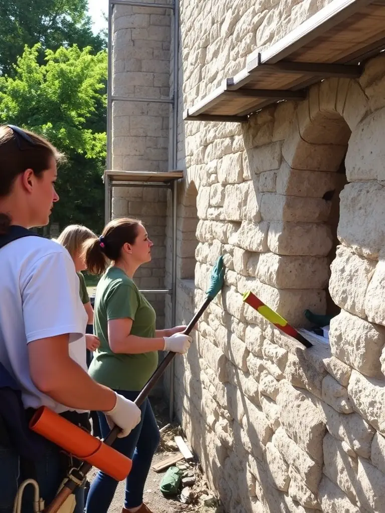 A photograph capturing volunteers meticulously restoring a section of the Chateau de la Vigne's stone wall, showcasing their dedication to preserving the historical structure.