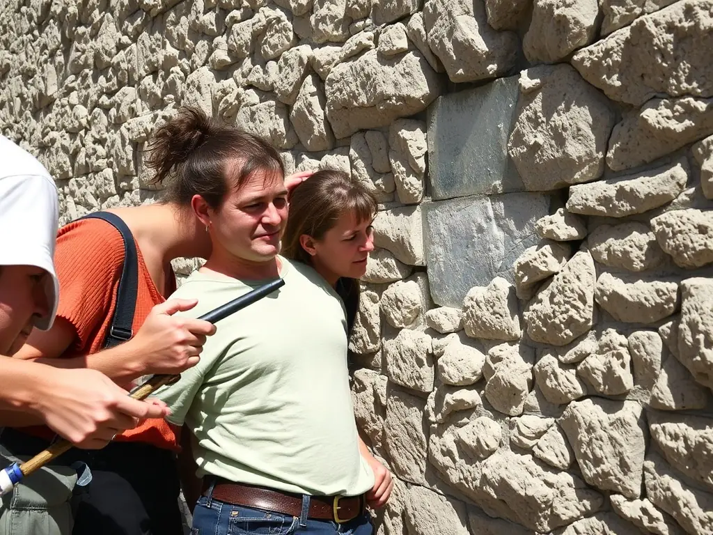 A photograph showcasing volunteers working on the restoration of a section of the Château de la Vigne, focusing on the intricate stonework and historical preservation techniques.
