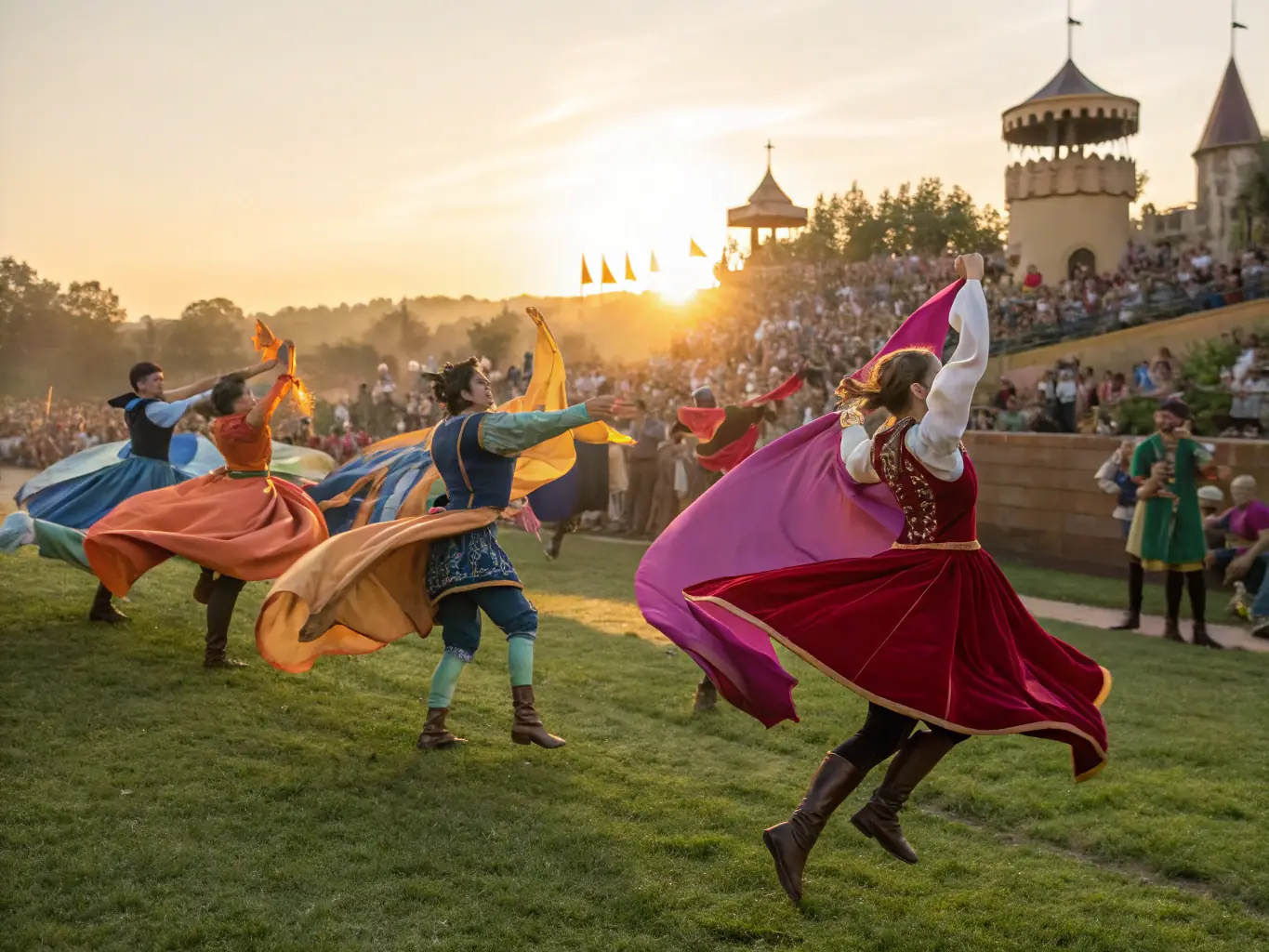 A vibrant image capturing a cultural event held at the Château de la Vigne, featuring traditional music, dance, or historical reenactments.