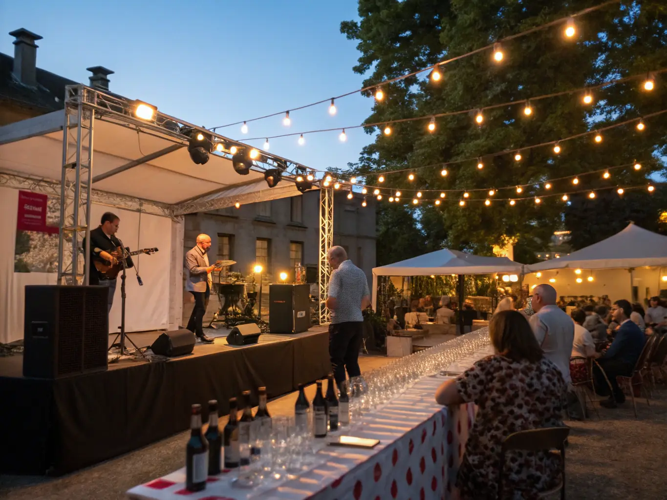 A vibrant scene from a cultural event held at Château de la Vigne, featuring traditional music, dance, and local crafts, highlighting the association's efforts to promote cultural heritage.